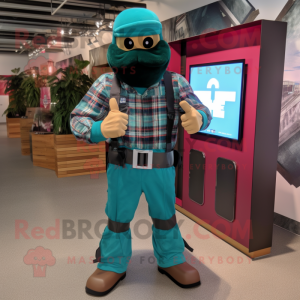 Teal Gi Joe mascot costume character dressed with a Flannel Shirt and Digital watches
