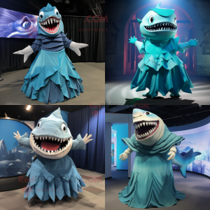 Cyan Megalodon mascot costume character dressed with a Pleated Skirt and Wraps