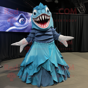 Cyan Megalodon mascot costume character dressed with a Pleated Skirt and Wraps