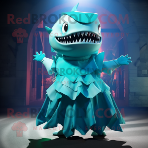 Cyan Megalodon mascot costume character dressed with a Pleated Skirt and Wraps