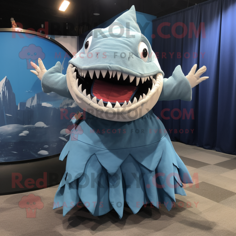 Cyan Megalodon mascot costume character dressed with a Pleated Skirt and Wraps