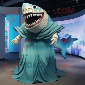 Cyan Megalodon mascot costume character dressed with a Pleated Skirt and Wraps