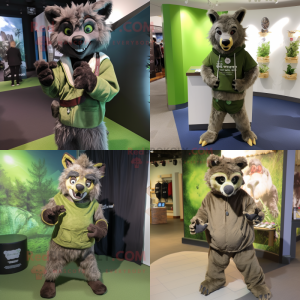 Olive Hyena mascot costume character dressed with a Hoodie and Belts