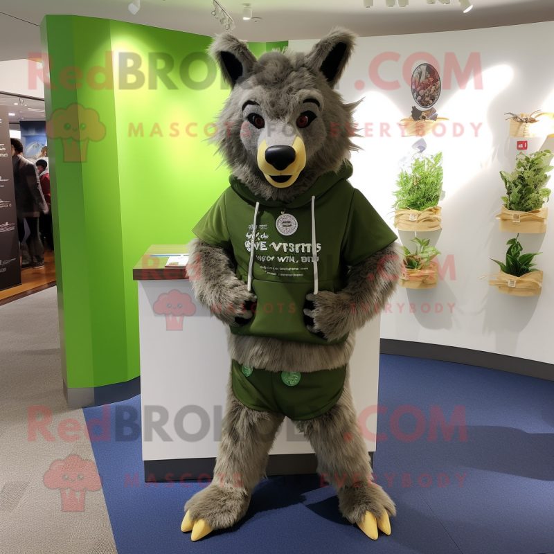 Olive Hyena mascot costume character dressed with a Hoodie and Belts