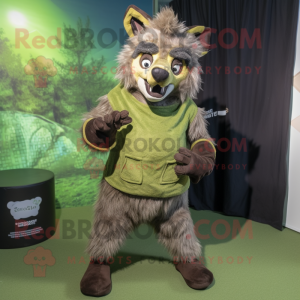 Olive Hyena mascot costume character dressed with a Hoodie and Belts