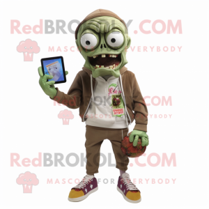 Tan Zombie mascot costume character dressed with a Sweatshirt and Wallets