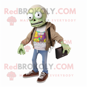 Tan Zombie mascot costume character dressed with a Sweatshirt and Wallets