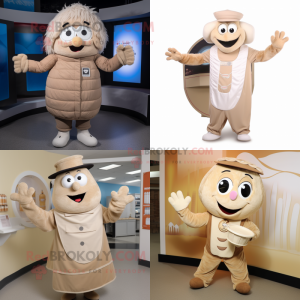 Beige Plate Spinner mascot costume character dressed with a Vest and Mittens