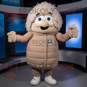 Beige Plate Spinner mascot costume character dressed with a Vest and Mittens