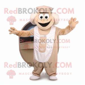 Beige Plate Spinner mascot costume character dressed with a Vest and Mittens