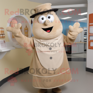 Beige Plate Spinner mascot costume character dressed with a Vest and Mittens