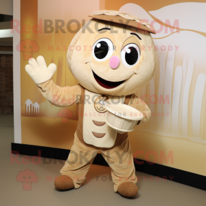 Beige Plate Spinner mascot costume character dressed with a Vest and Mittens