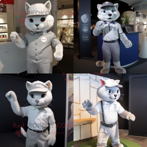 Silver Cat mascot costume character dressed with a Polo Shirt and Hat pins