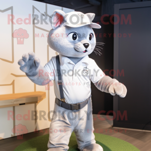Silver Cat mascot costume character dressed with a Polo Shirt and Hat pins