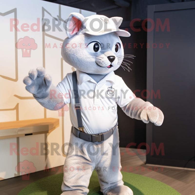 Silver Cat mascot costume character dressed with a Polo Shirt and Hat pins