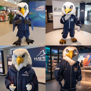 Navy Haast'S Eagle mascot costume character dressed with a Hoodie and Hair clips