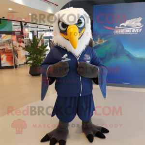 Navy Haast'S Eagle mascot costume character dressed with a Hoodie and Hair clips