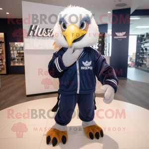 Navy Haast'S Eagle mascot costume character dressed with a Hoodie and Hair clips