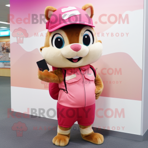 Pink Chipmunk mascot costume character dressed with a Culottes and Messenger bags