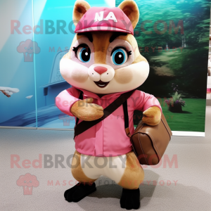 Pink Chipmunk mascot costume character dressed with a Culottes and Messenger bags