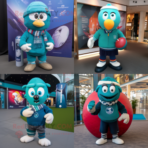 Teal Rugby Ball mascot costume character dressed with a Sweater and Scarf clips