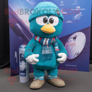 Teal Rugby Ball mascot costume character dressed with a Sweater and Scarf clips