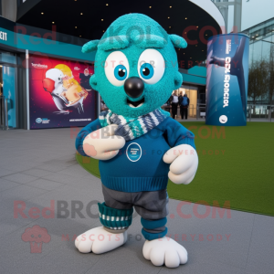 Teal Rugby Ball mascot costume character dressed with a Sweater and Scarf clips