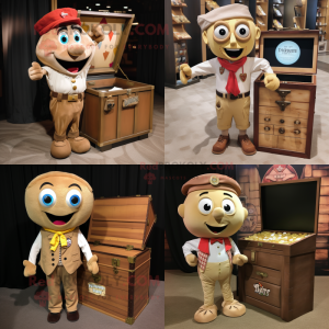 Tan Treasure Chest mascot costume character dressed with a Button-Up Shirt and Tie pins