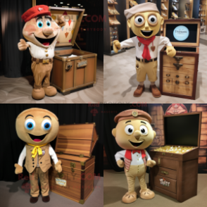 Tan Treasure Chest mascot costume character dressed with a Button-Up Shirt and Tie pins