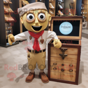 Tan Treasure Chest mascot costume character dressed with a Button-Up Shirt and Tie pins