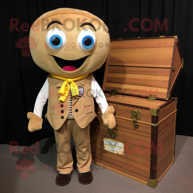 Tan Treasure Chest mascot costume character dressed with a Button-Up Shirt and Tie pins