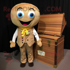 Tan Treasure Chest mascot costume character dressed with a Button-Up Shirt and Tie pins