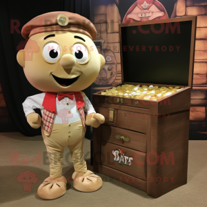 Tan Treasure Chest mascot costume character dressed with a Button-Up Shirt and Tie pins