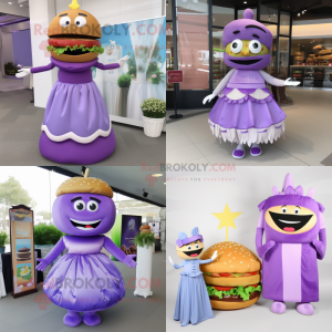 Lavender Hamburger mascot costume character dressed with a Evening Gown and Clutch bags