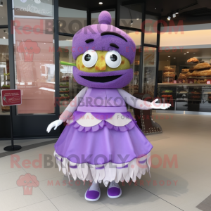 Lavender Hamburger mascot costume character dressed with a Evening Gown and Clutch bags