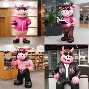 Pink Steak mascot costume character dressed with a Leather Jacket and Reading glasses