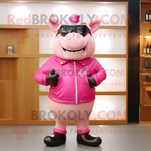 Pink Steak mascot costume character dressed with a Leather Jacket and Reading glasses
