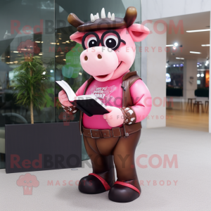 Pink Steak mascot costume character dressed with a Leather Jacket and Reading glasses