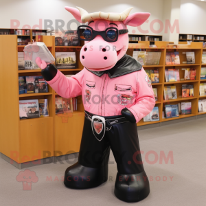 Pink Steak mascot costume character dressed with a Leather Jacket and Reading glasses