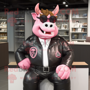 Pink Steak mascot costume character dressed with a Leather Jacket and Reading glasses