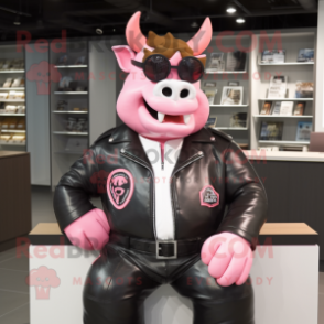 Pink Steak mascot costume character dressed with a Leather Jacket and Reading glasses