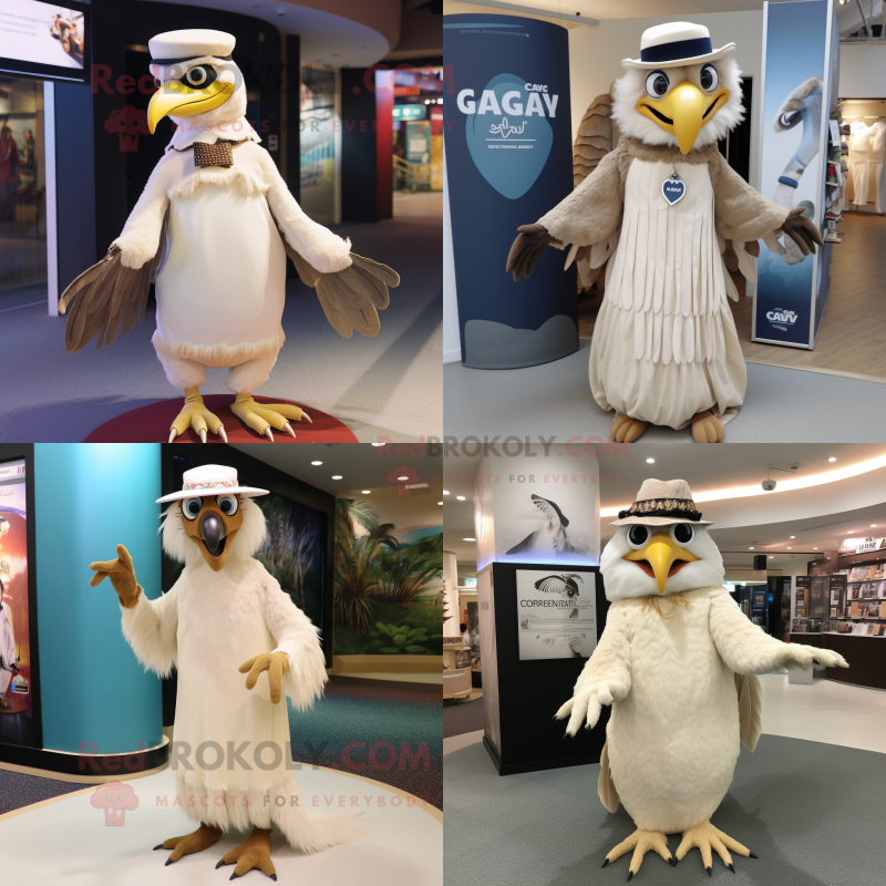 Cream Hawk mascot costume character dressed with a Maxi Dress and Caps Cream Hawk mascot costume character dressed with a Maxi Dress and Caps