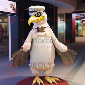 Cream Hawk mascot costume character dressed with a Maxi Dress and Caps