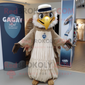 Cream Hawk mascot costume character dressed with a Maxi Dress and Caps