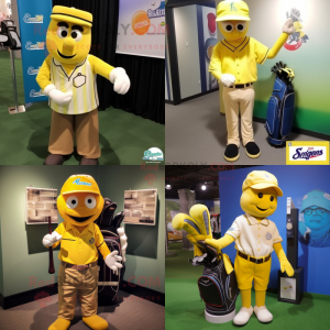 Yellow Golf Bag mascot costume character dressed with a Baseball Tee and Pocket squares