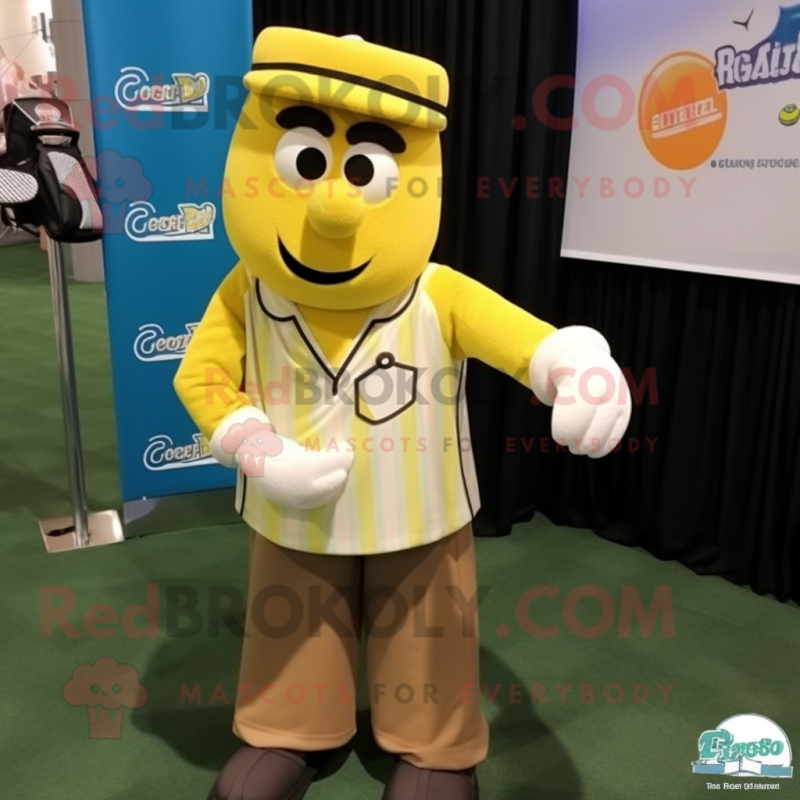 Yellow Golf Bag mascot costume character dressed with a Baseball Tee and Pocket squares