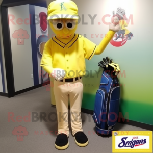 Yellow Golf Bag mascot costume character dressed with a Baseball Tee and Pocket squares