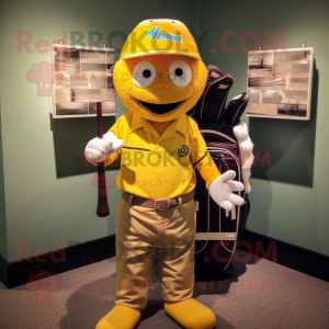 Yellow Golf Bag mascot costume character dressed with a Baseball Tee and Pocket squares