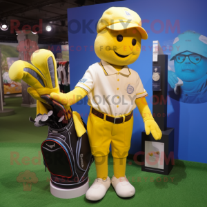 Yellow Golf Bag mascot costume character dressed with a Baseball Tee and Pocket squares