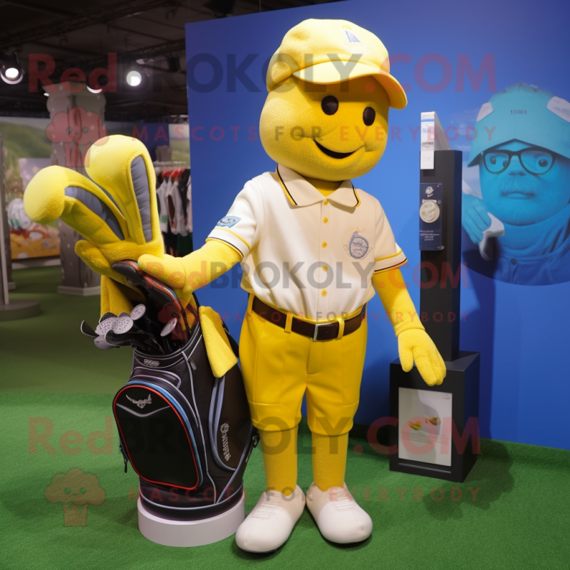 Yellow Golf Bag mascot costume character dressed with a Baseball Tee and Pocket squares